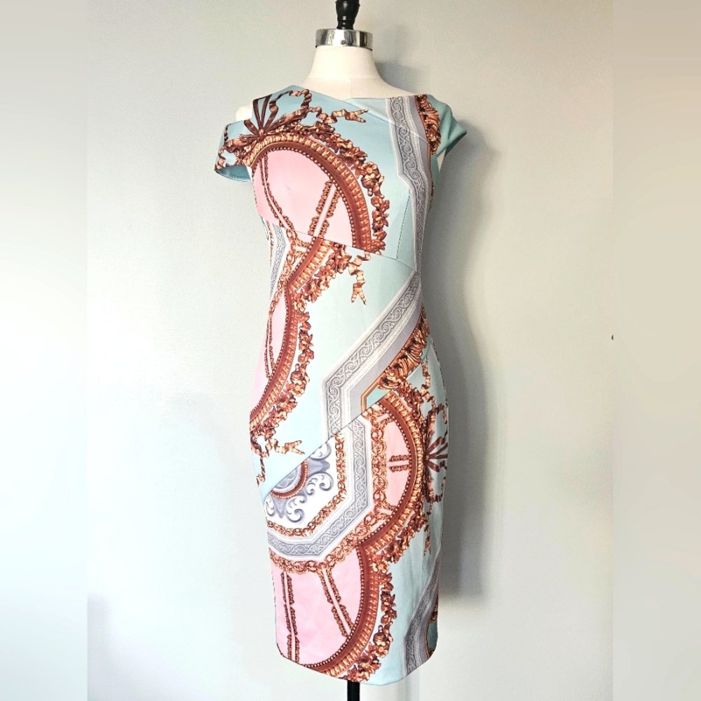 Ted Baker London Pastel Blue and Pink Baroque Print Midi Dress